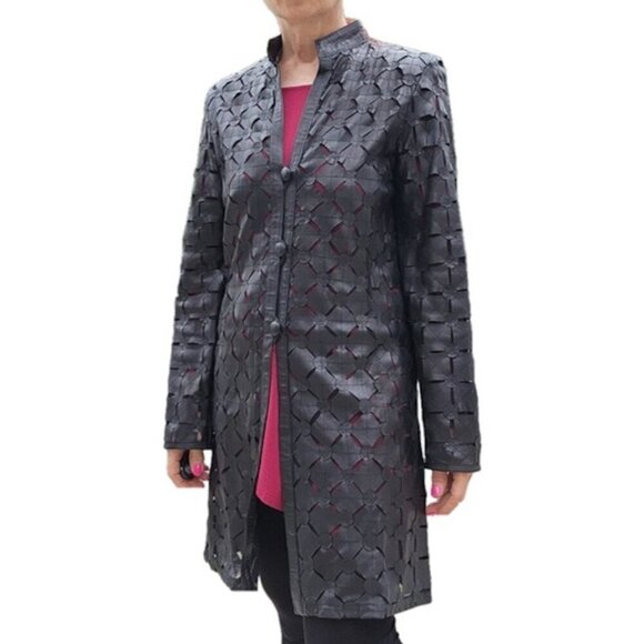 BARCELINO Vintage Genuine Lamb Cut Out Black Jacket Trench Coat - Picture 1 of 10